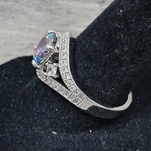 Lab Created New Round Faceted Mystic Topaz CZ Halo Silver Tone Accent Ring - Picture 4 of 8